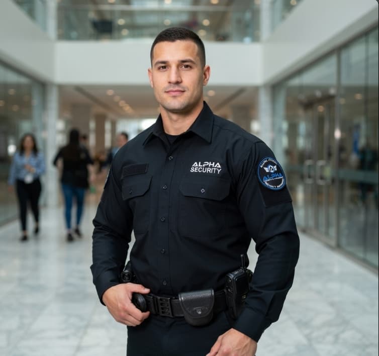 Alpha Security concierge on duty in a Sydney atrium.