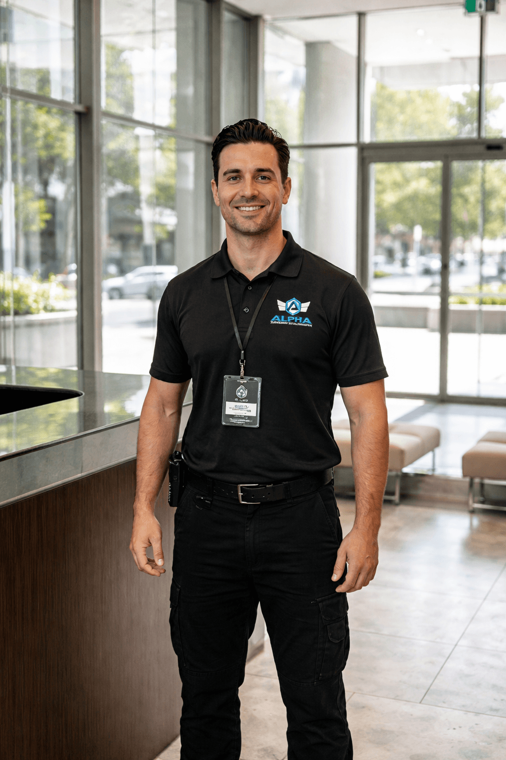 Uniformed Alpha concierge at a Sydney apartment building entry